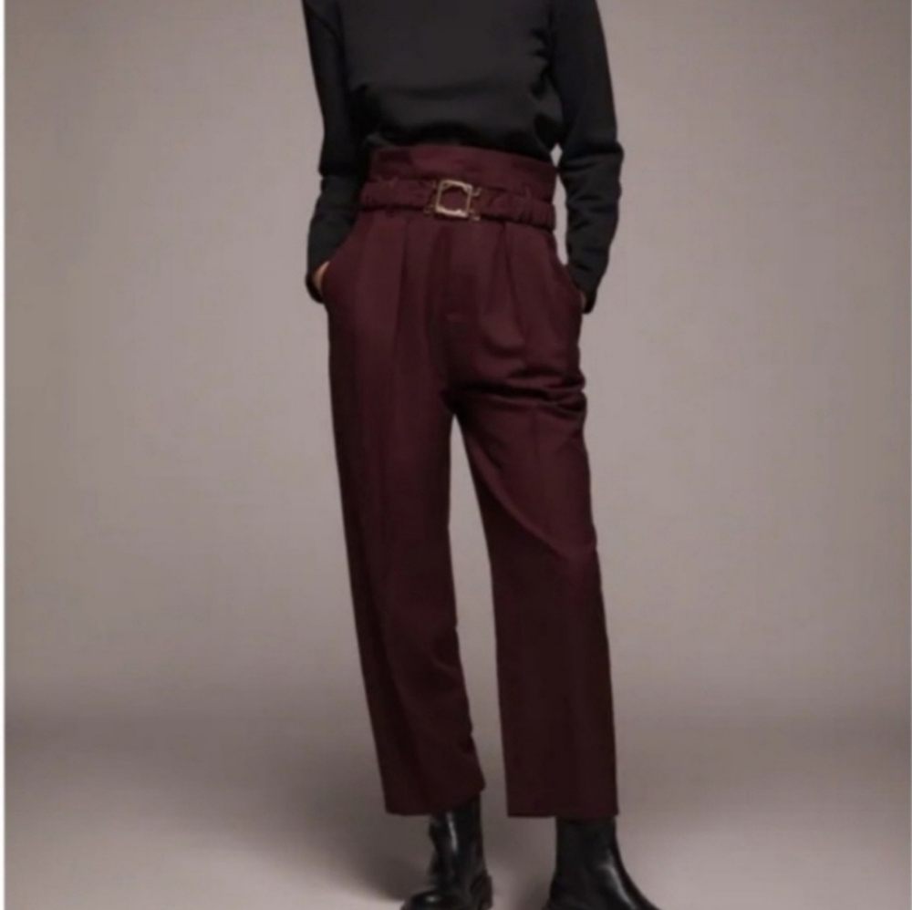 Zara Burgundy High Waist Paperbag Pants Medium
